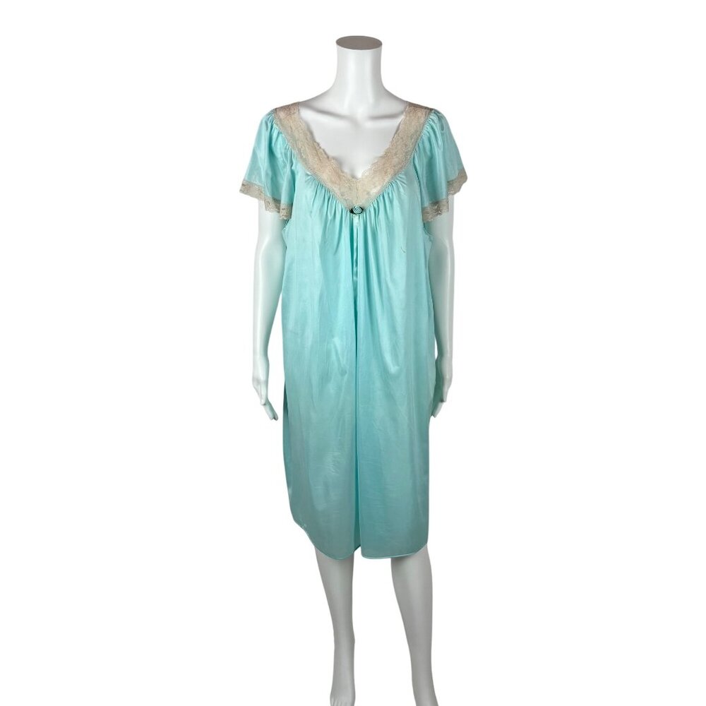 Vintage 80s Nightgown Womens Extra Large Baby Blue Lace Trim Nightie - Picture 2 of 10